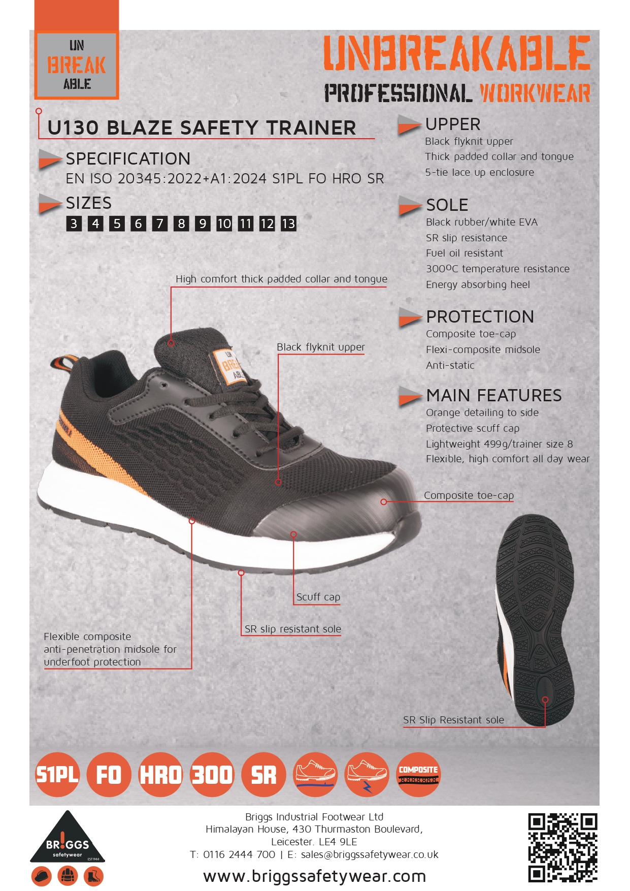 Unbreakable U130 Blaze S1 PL FO HRO SR Composite Black Flyknit Trainer