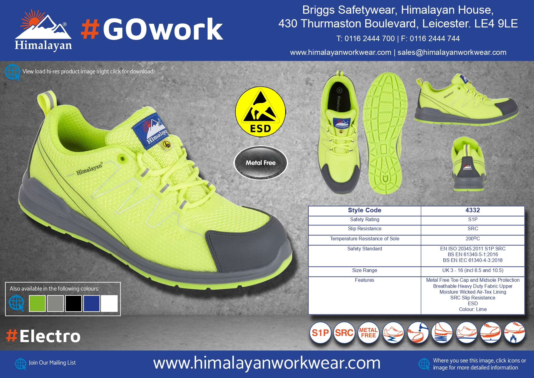Himalayan 4332 S1P/SRC/ESD Electro Composite Lime Safety Trainer