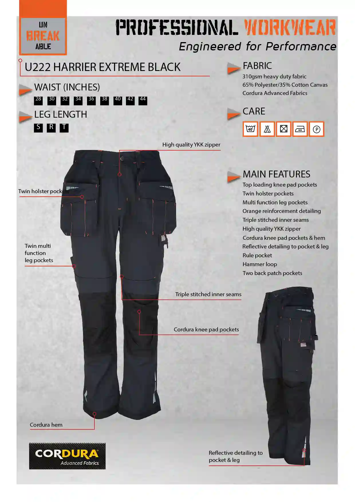 Unbreakable U222 Harrier Black Extreme Multi-Pocket Work Trouser
