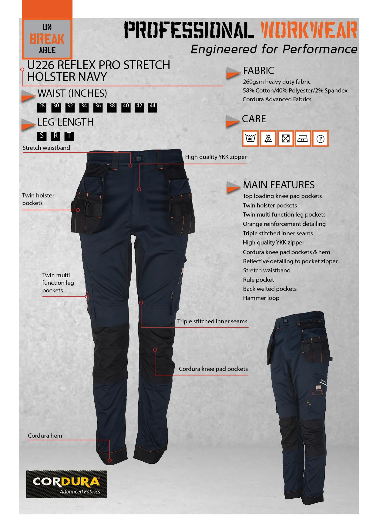 Unbreakable U226 Relfex Pro Stretch Holster Navy Multi-Pocket Work Trouser