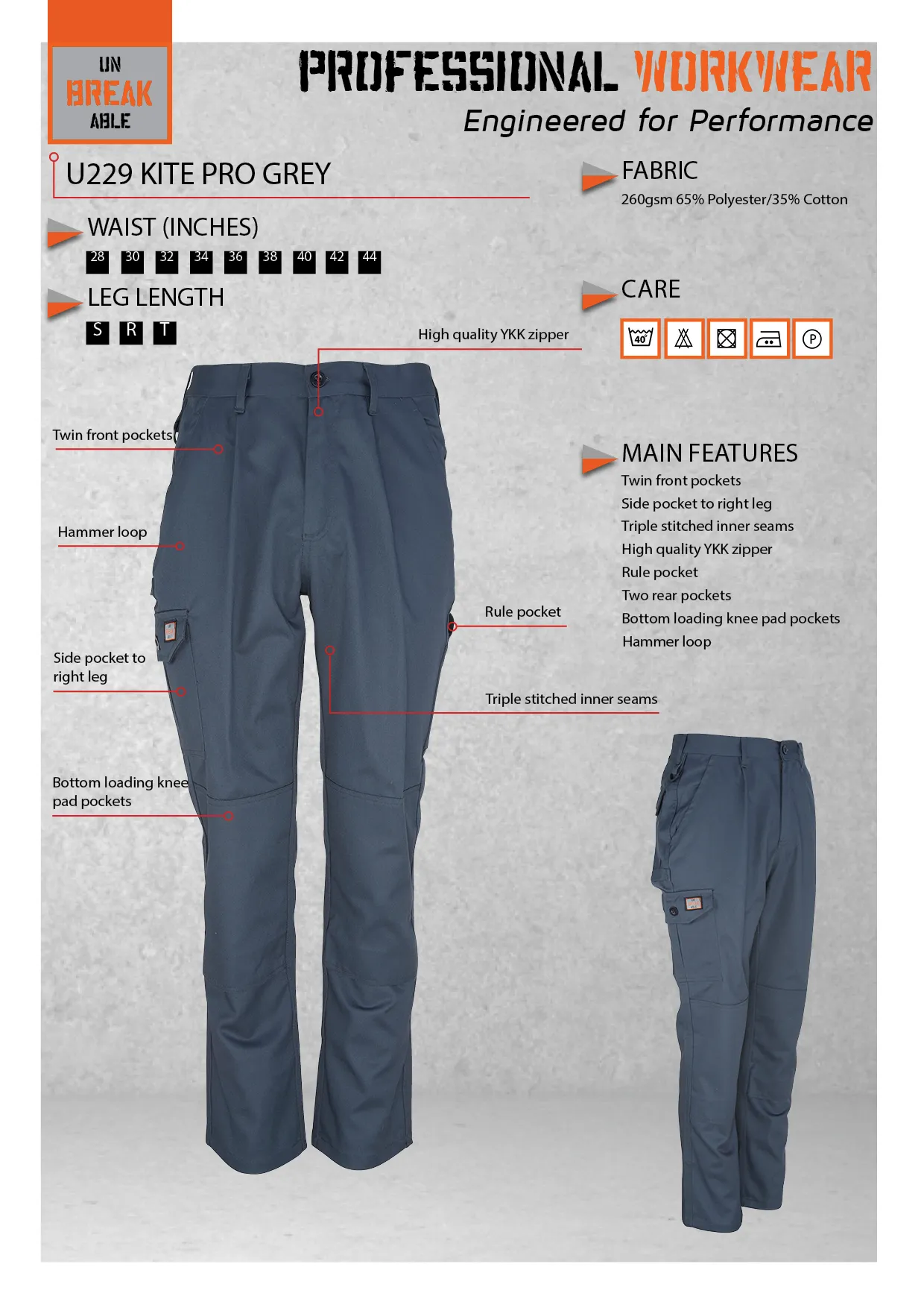 Unbreakable U229 Kite Pro Grey Multi-Pocket Work Trouser