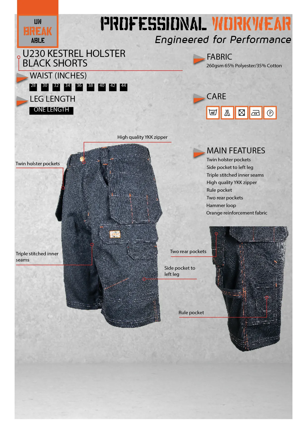 Unbreakable U230 Kestrel Black Holster Work Shorts