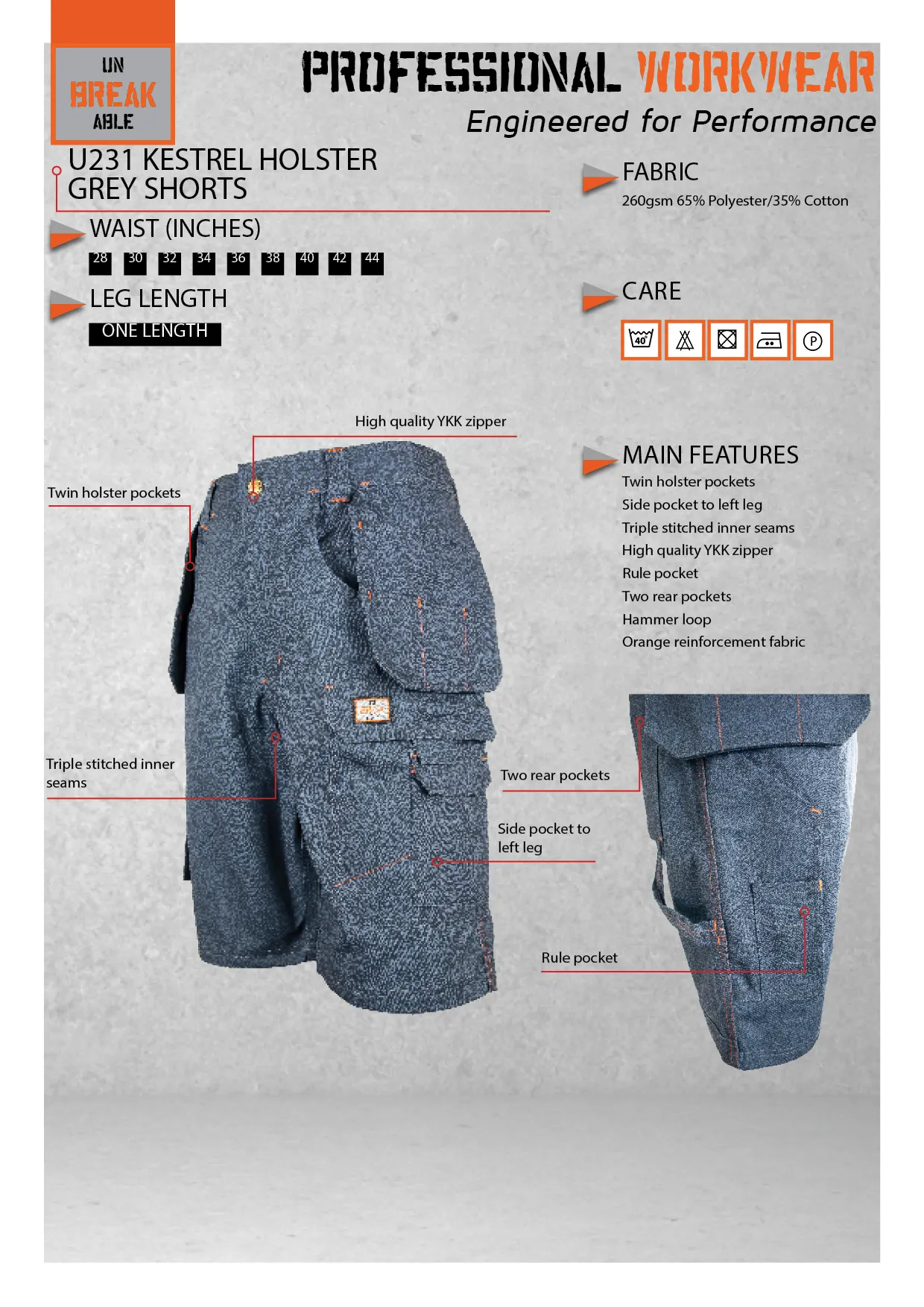 Unbreakable U231 Kestrel Grey Holster Work Shorts