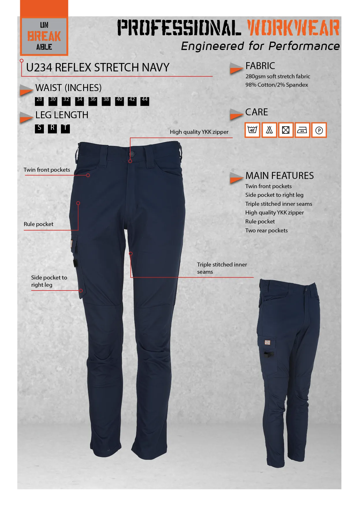 Unbreakable U234 Reflex Stretch Navy Multi-Pocket Work Trousers