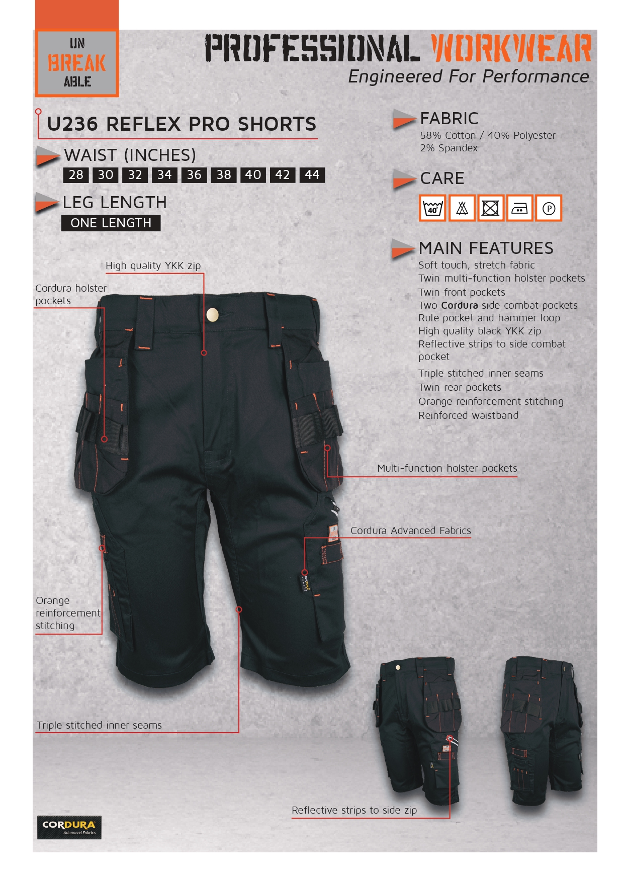 Unbreakable U236 Black Reflex Pro Stretch Holster Work Shorts