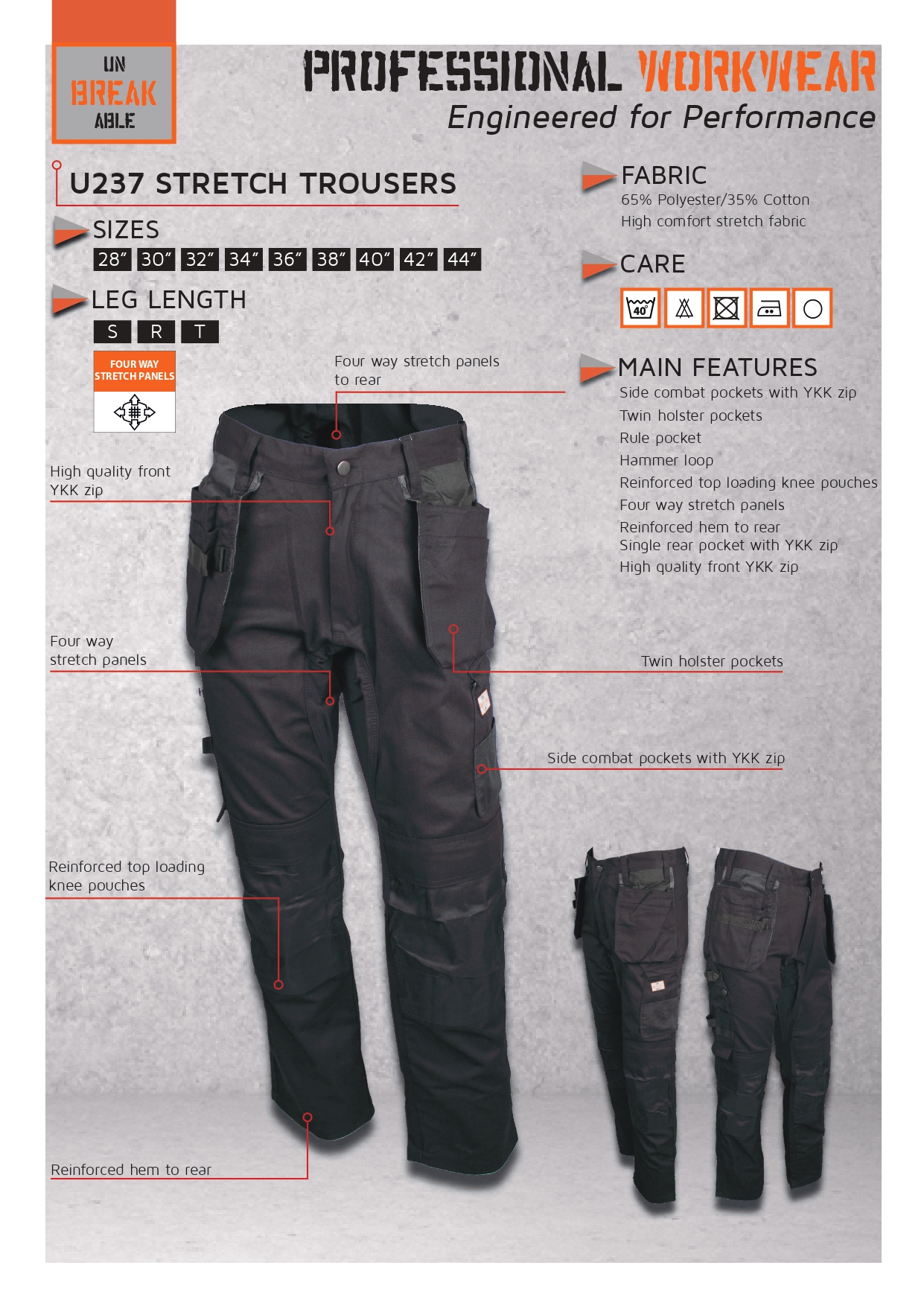 Unbreakable U237 Black Stretch Multi-Pocket Holster Work Trousers