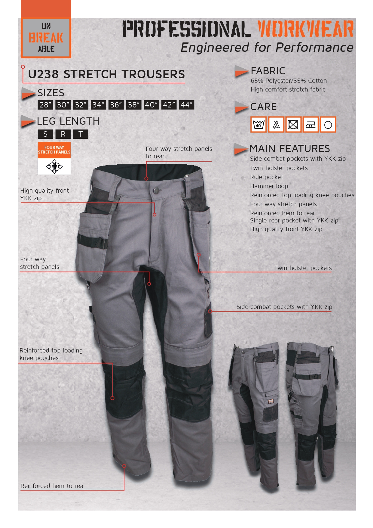 Unbreakable U238 Black/Grey Stretch Multi-Pocket Holster Work Trousers