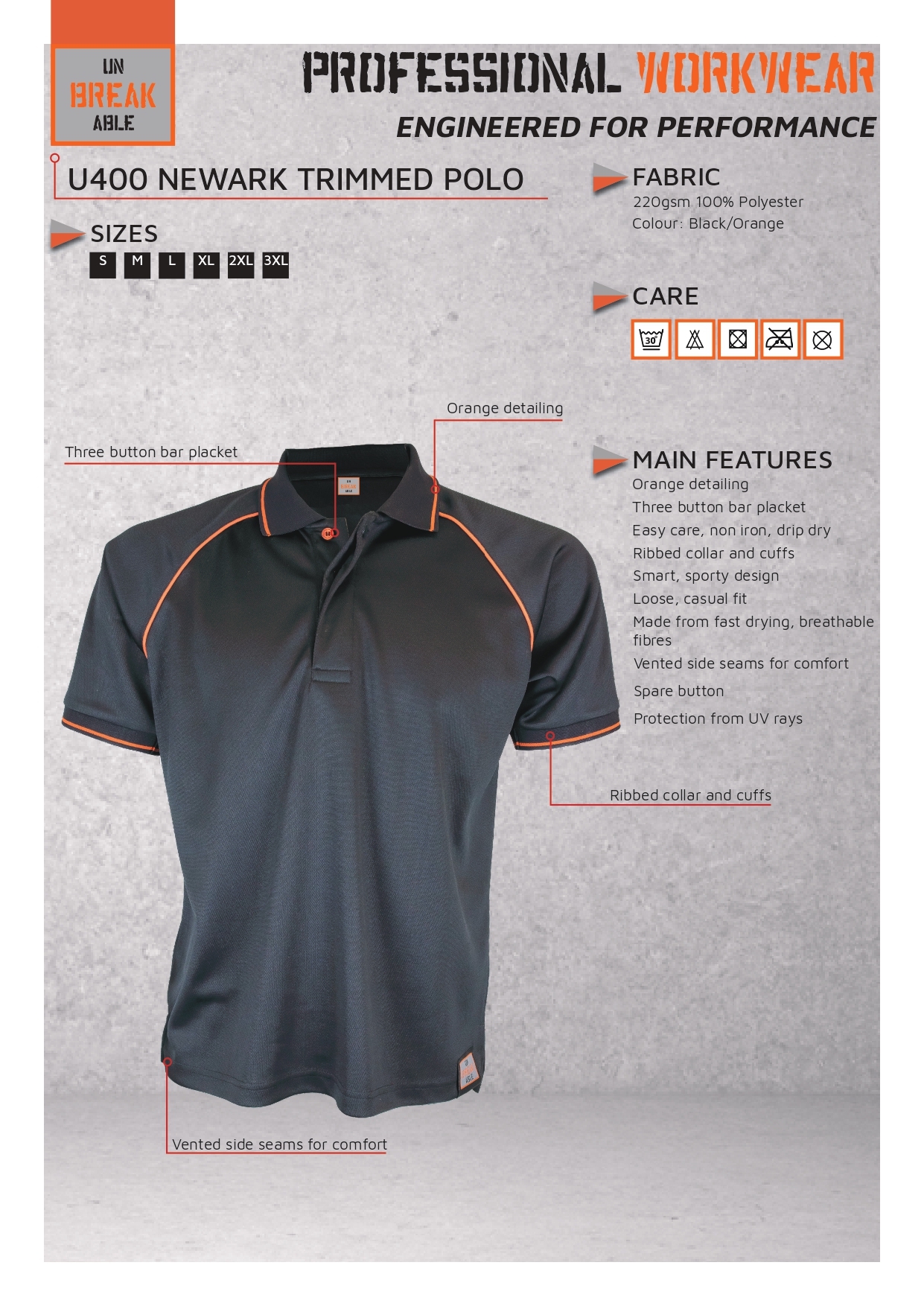 Unbreakable U400 Newark Black/Orange trimmed polo