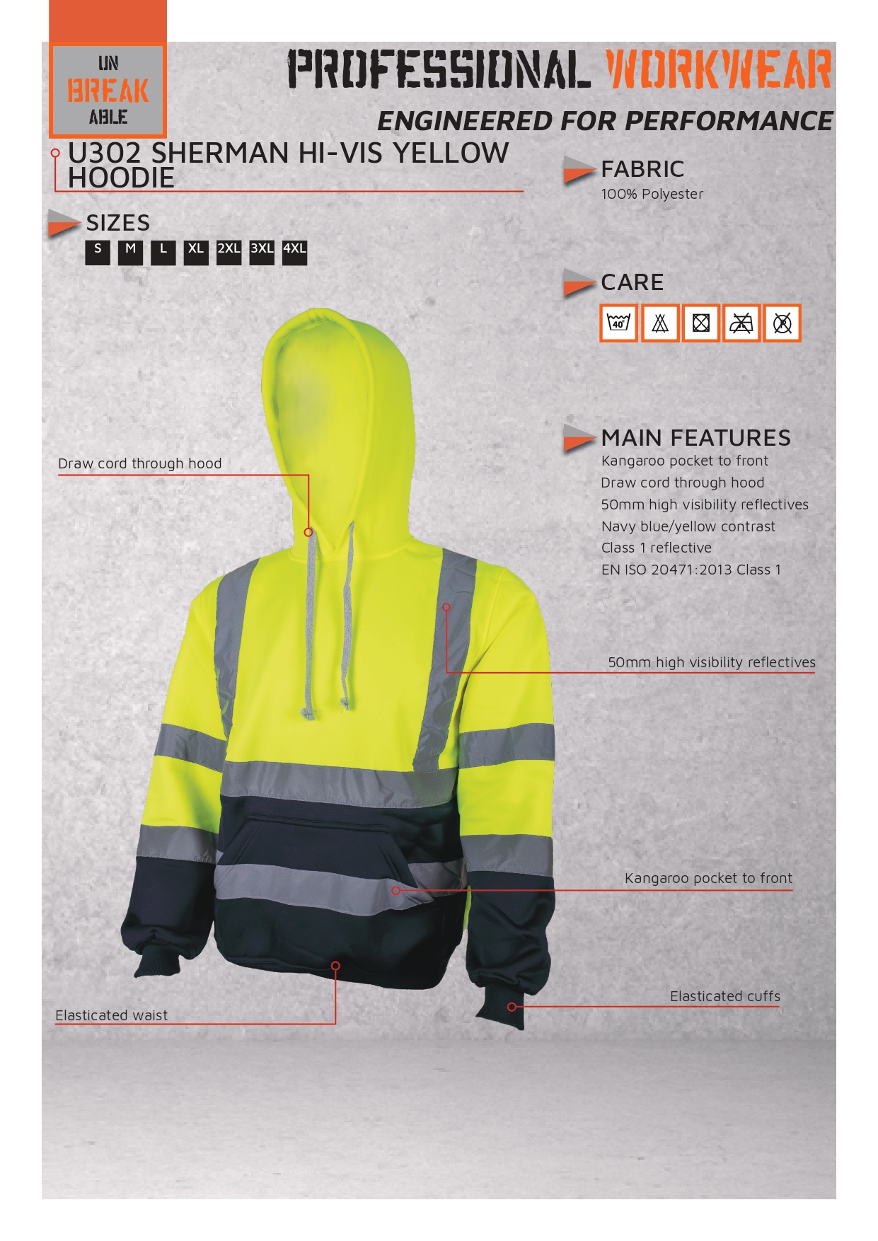 Unbreakable U302 Sherman Yellow/Navy Hi Vis Hoodie